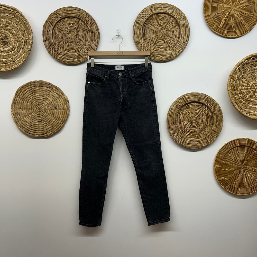 $208 AGOLDE Nico Jeans 28 High Rise Slim Fit Black Denim Button Fly